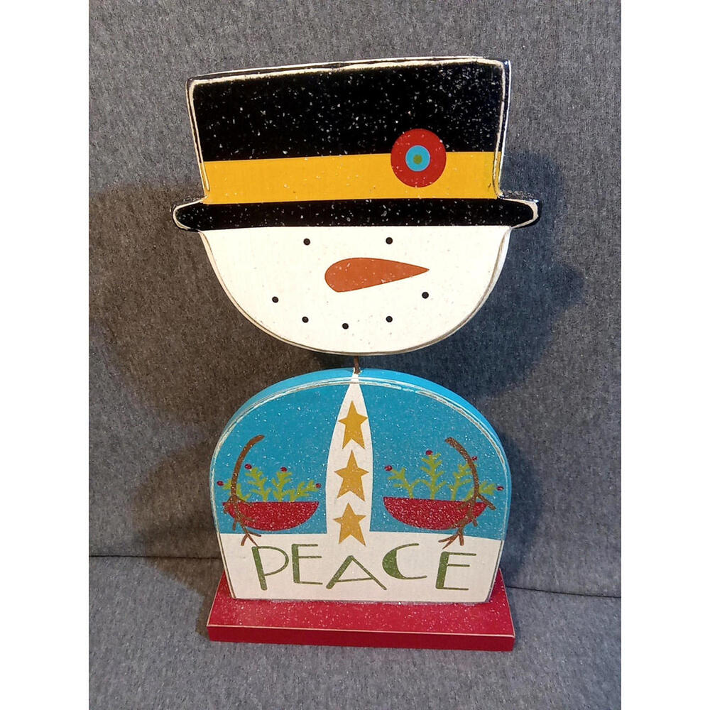 Primitive By Kathy Standing Snowman Blue Red Black Green "Peace" Wood Decor 13.5